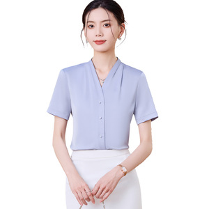 Women V-neck Short Sleeve Shirt White Solid Color Polyester Poplin Work Blouse Elegant Professional Office Wear - Product Image 5