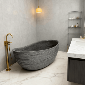 Baignoire ovale en marbre noir autoportante moderne avec fonction de trempage et drain pour salle de bain, utilisation en villa - Product Image 2