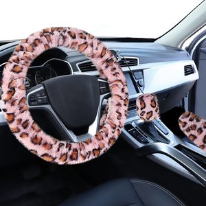 Couverture de <span class=keywords><strong>volant</strong></span> pour femmes filles coupe universelle fourrure léopard chaud couverture de roue de voiture et couverture de frein à main et ensemble de couverture de changement de vitesse - Product Image 3