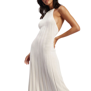 Summer Casual Solid Color Pleated Knit Lady Skirt Europe America Sexy Hottie Backless Halter Knit <strong>Dress</strong>