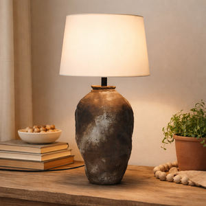 Rustic Ceramic <b>Table</b> Lamp Handmade Textured Base <b>Bedside</b> Lamp E27 Fabric Shade Decorative Desk Lamp for Living Room Bedroom - Product Image 1