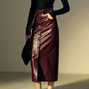 <span class=keywords><strong>Gonna</strong></span> <span class=keywords><strong>rossa</strong></span> Modulare su misura a vita alta gonne lunghe in vera pelle per le donne - Product Image 4