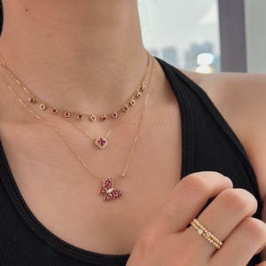 Xinfly Solid 18K Gold 1.35ct <b>Ruby</b> Bubble Bezel <b>Necklace</b> Starry Charm Chain Pendant Choker for Women Adjustable Fine Jewelry - Product Image 3