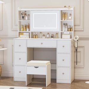 OEM/ODM Wenfeng Modern White Bathroom Hospital <strong>Dressing</strong> Room Vanity Desk <strong>LED</strong> Dimmable Lighted <strong>Mirror</strong> 7 Drawers Storage Wood - Product Image 2