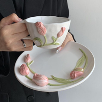 Exquis 3D tridimensionnel rose ou bleu couleur tulipe forme bol en céramique tasse et soucoupe en céramique maison tasses à thé