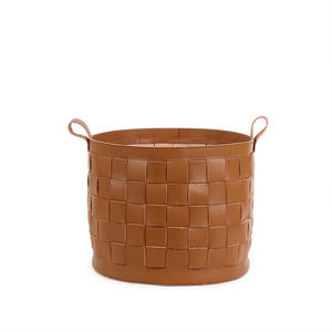 Panier de rangement rond en cuir pleine fleur tressé sur mesure, grande capacité, pour articles divers de bureau - Product Image 4