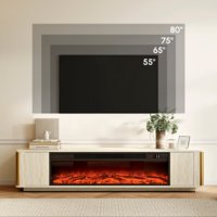 Soporte de TV con Chimenea Moderna de Lujo AJUNION, Soporte de TV Independiente de Madera de Ingeniería con Chimenea Eléctrica de 6 Colores de Llama y 2 Cajones