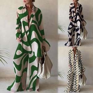 S-5XL femmes ample longue chemise + pantalons longs 2 pièces ensemble imprimé à manches longues bouton col en v revers col hauts vacances costumes décontractés - Product Image 1