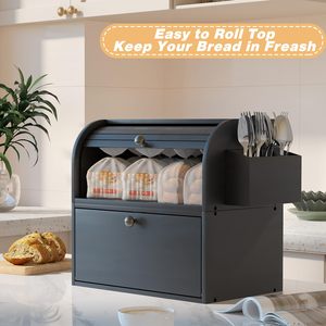 Boîte à pain en bambou à double couche avec panier à couverts, boîte à pain en bambou pour comptoir de cuisine, extra large, 2 étagères - Product Image 2