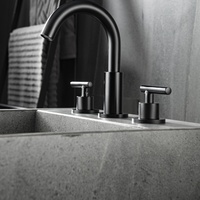 Robinet de lavabo à col de cygne rond noir mat, mitigeur double chaud/froid en laiton massif avec poignée en T, robinet de salle de bain moderne à 3 trous