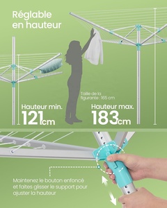 Séchoir à linge d'extérieur moderne en aluminium à double niveau, hauteur réglable, corde de 50 m, 5 pinces à linge - Product Image 4