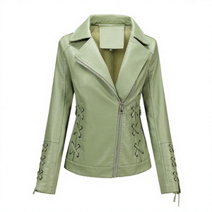 Chaqueta de moto de cuero PU verde para mujer con detalles de cordones, cierre de cremallera y cuello extendido, estilo otoñal - Product Image 3