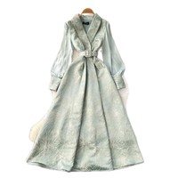 Robe trapèze chic vintage en jacquard de polyester, style français, pour femme, avec manches lanternes, taille cintrée et col en V