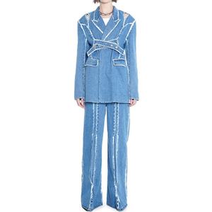 Nouvelle Collection : Ensemble Jean Femme Décontracté – Veste à Revers Ample et Jean Droit Large en Denim Délavé Effet Acide – Tenue Complète en Jean pour Femme - Product Image 1