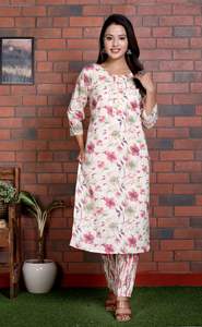 Ensemble Kurta décontracté en coton 100% respirant avec broderie florale, pantalon long jusqu'aux chevilles et dupatta, y compris la décoration de motifs - Product Image 5