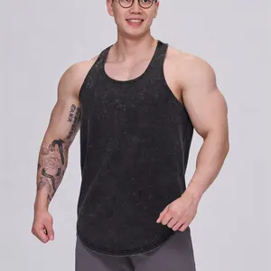 Custom Logo Active Tank Top Men Slim Fit Bodybuilding Vintage Acid Wash Cotton Stringer Tank Top