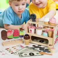 Juego de simulación de heladería rosa para niñas, juguete de madera con cuchara, menú y dinero para niños pequeños