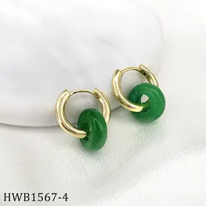 Hawaiian Jewelry Wholesale Gemstone Jade Drops Earrings Hawaiian Gold Plated Jade Hoop Earrings