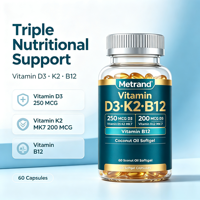 Complément alimentaire Metrand Private Label Vitamine D3 K2 MK7 B12 en gélules à l'huile de coco pour la santé des os, du système immunitaire et du cœur, 60 capsules