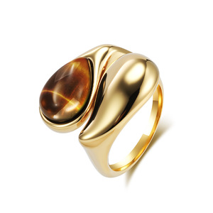 Teardrop Faux Pearl <b>Ring</b> With Tiger's Eye Gemstone For Women Gold Plated <b>Titanium</b> Steel Party Jewelry - Product Image 1