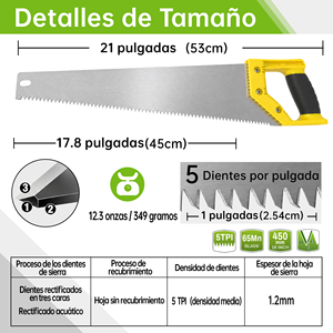Sierra Manual de Acero 65Mn con Dientes Rectificados en Tres Caras 5DPP, 450mm, Marco de Acero con Alto Contenido de Carbono para Carpintería, Poda de Árboles y Jardín - Product Image 6