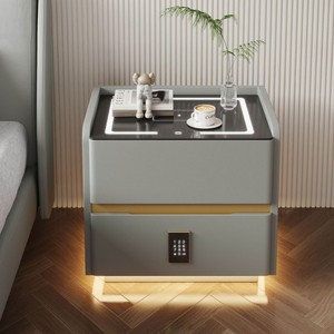 <b>Smart</b> Nordic <b>Bedside</b> <b>Table</b> Light Luxury Premium Feel Solid Wood Nightstand Bedroom Furniture Multi-Functional Storage Safe USB - Product Image 2