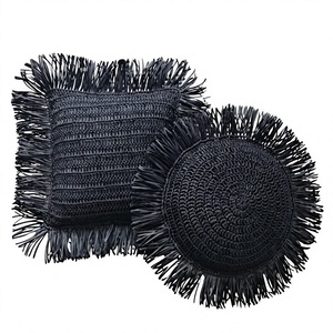 <b>Black</b> Woven Jute Throw <b>Pillow</b> Cover With Fringes Boho Style Round And Square Decorative Cushion For Indoor Outdoor Use - Product Image 1
