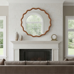 Yellowish Brown 30 Inch Wavy Round Solid Wood Frame Decorative <b>Mirror</b> For Bedroom Bathroom Living Room Entryway - Product Image 3