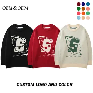 Custom Make OEM ODM Men Sweaters Jacquard Cartoon Pullover Knitwear Fashion Knit Sweater Crew Neck Cotton Black Custom Sweater