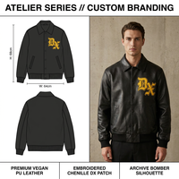 Blouson Bomber en Cuir PU Végétalien Premium Personnalisé avec Patchs Gothiques en Chenille et Ourlet Côtelé – OEM, ODM, Marque Privée, Remboursable, Personnalisable pour les Marques