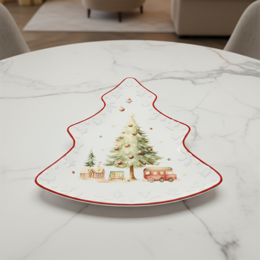 Plato con forma de árbol rojo navideño