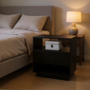 Comodino con un cassetto, finitura nero wengue, mobili moderni per camera da letto - Product Image 2