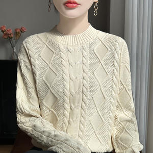 Suéter de Punto Grueso de Algodón para Mujer, Color Sólido, Cuello Redondo, Otoño Invierno 2025, Blanco Roto, Rojo, Negro - Product Image 4