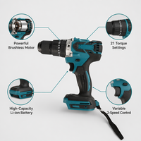 Perceuse à percussion sans fil sans balais 21V, batterie lithium rechargeable, perceuse électrique pour percer le bois, le métal et le béton