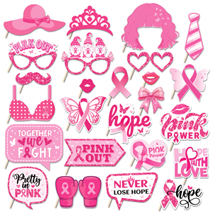 Huancai 25 pièces accessoires de cabine Photo ruban rose avec bâtons Kit d'accessoires de Selfie de fête pour les femmes fournitures de fête de sensibilisation au Cancer du sein - Product Image 1