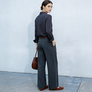 <span class=keywords><strong>Pantaloni</strong></span> da donna grigio scuro a vita alta, a gamba larga, a righe, <span class=keywords><strong>con</strong></span> pieghe frontali e cintura, per ufficio e tempo libero - Product Image 4