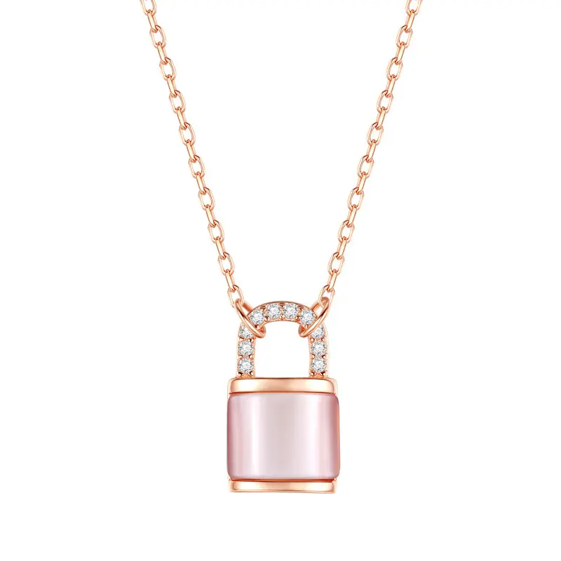 Stackable Wholesale Diamond Cz Rose Gold Plating Jewellery 925 Sterling Silver Shell Designer Lock Pendant Chain Necklace