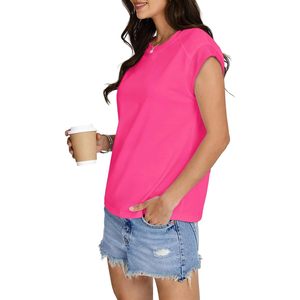 FOXA เสื้อทูนิคแขนสั้นฤดูร้อนสำหรับผู้หญิงทรงหลวมสีชมพูร้อน XL เสื้อถักลำลอง - Product Image 4