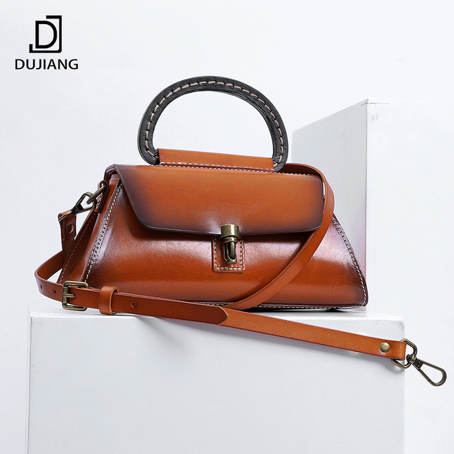 DUJIANG Wholesale New Italian Vintage Vegetable Tanned Leather Women Handbag Top Grain Cowhide Fashion Genuine Leather Handbag