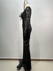 Schwarze Spitze Meerjungfrau Abendkleid Lange Ärmel Mit Feder Hoch Split Tief V-Ausschnitt <span class=keywords><strong>Prom</strong></span> Promi Party Kleid Vestidos - Product Image 5