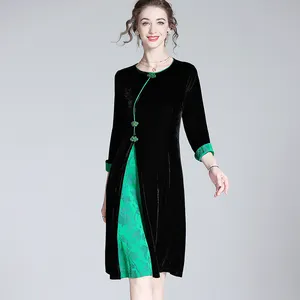 New chinese style dress for women autumn dress round neck knot button velvet elegant casual dresses