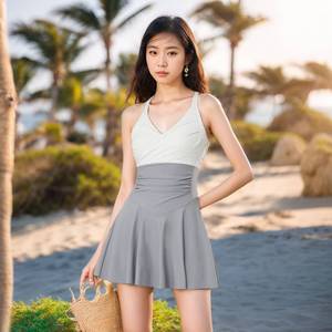 Traje de baño de una pieza para mujer Baiya, cuello en V, gris y blanco, estilo vestido sin espalda, para playa y aguas termales - Product Image 2