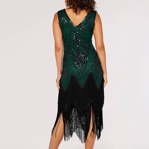 Robe mini à franges et sequins personnalisée, robe de danse élégante et scintillante, robe latine verte sans manches à sequins pour femmes - Product Image 5