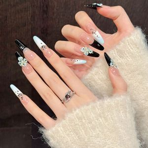 Ongles à presser 3D faits main extra longs, base nude transparente, dégradé noir et <span class=keywords><strong>bleu</strong></span> ciel, French manucure faite main, teinte pâle - Product Image 3