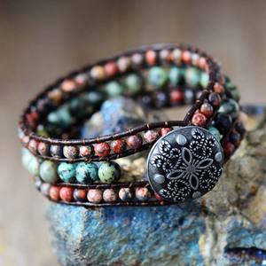 Envoltura de cuero Vintage bohemio hecho a mano para mujer, brazalete tejido con declaración geométrica de jaspe Natural para pulsera para aniversarios - Product Image 6