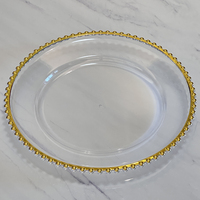 Assiettes de présentation en plastique transparent perlé doré de 13 pouces en gros pour mariage, fête de noël, dîner, plats, restaurant, 100 pièces