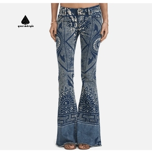 Pantalon en jean skinny à imprimé floral vintage, élastique, <span class=keywords><strong>d</strong></span>élavé, combinaison en jean pour femme, jean stretch taille basse, Wanita Women - Product Image 1