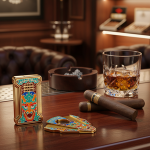 JIFENG JF-TZ272 Ejderha Tasarımlı Butik Metal Altın Puro Çakmağı ve Kesici Alet Seti 2'si 1 Arada - Product Image 2