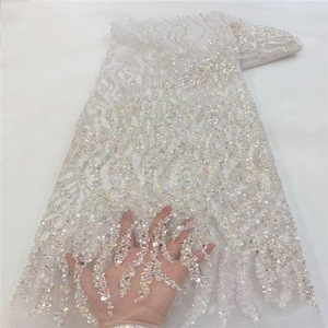 Váy Cưới Ren Vải Màu Trắng Pháp Đính Cườm Sequined Thêu Vải Tuyn Ren Vải - Product Image 3