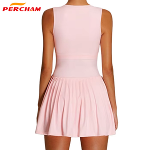 Gaun Tenis Wanita Tanpa Lengan dengan Logo Custom, Bahan Bernapas, Warna Nude, Pakaian Olahraga dengan Lipit di Bagian Bawah, Cocok untuk Gym, Golf, dan Pickleball - Product Image 3